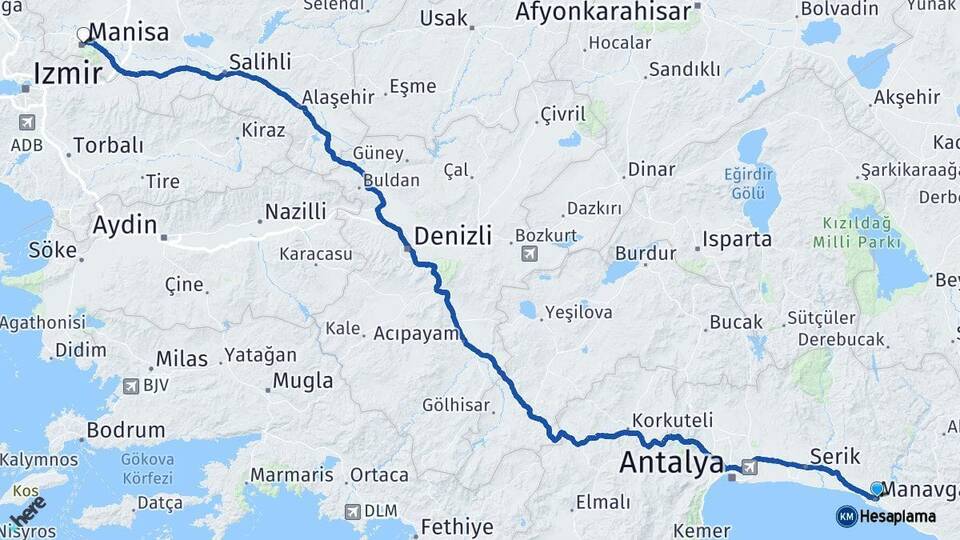 Antalya Manavgat Manisa Arası Kaç Km - Yol Haritası