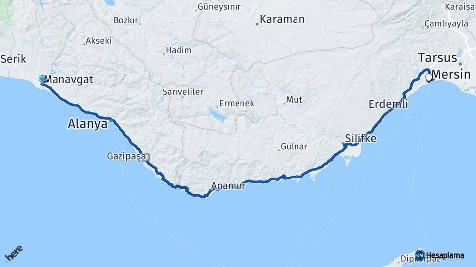 Antalya Manavgat Mersin Arası Kaç Km - Yol Haritası