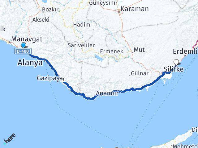 Antalya Manavgat Örenşehir Kızkalesi Erdemli Mersin Arası Kaç Km - Yol Haritası