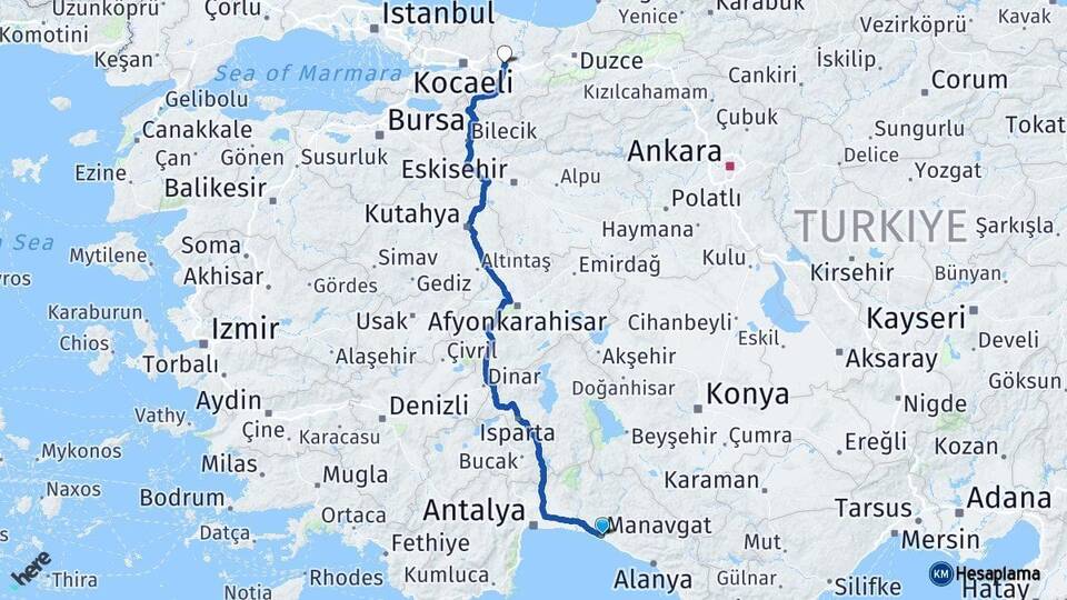 Antalya Manavgat Sakarya Arası Kaç Km - Yol Haritası
