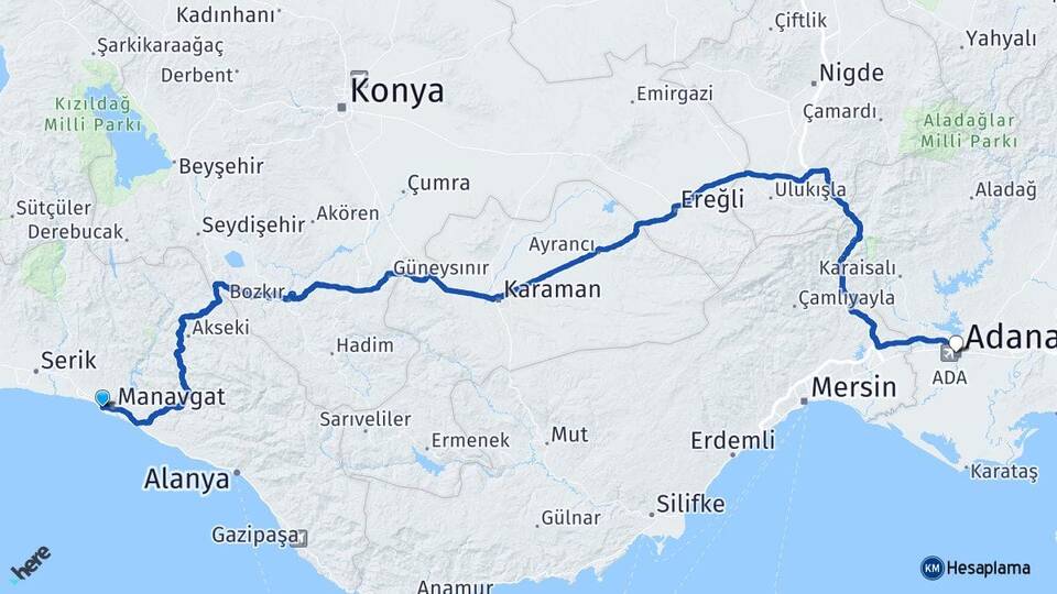 Antalya Manavgat Side Adana Arası Kaç Km - Yol Haritası