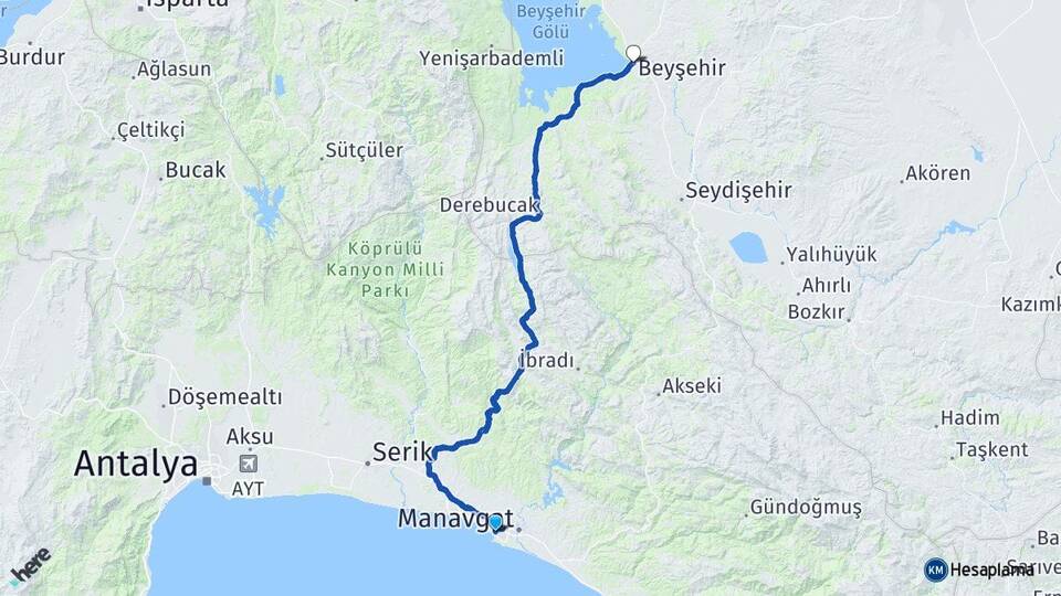 Antalya Manavgat Side Beyşehir Konya Arası Kaç Km - Yol Haritası