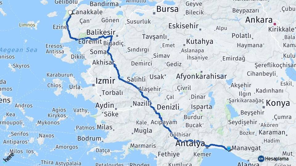 Antalya Manavgat Side Çanakkale Arası Kaç Km - Yol Haritası