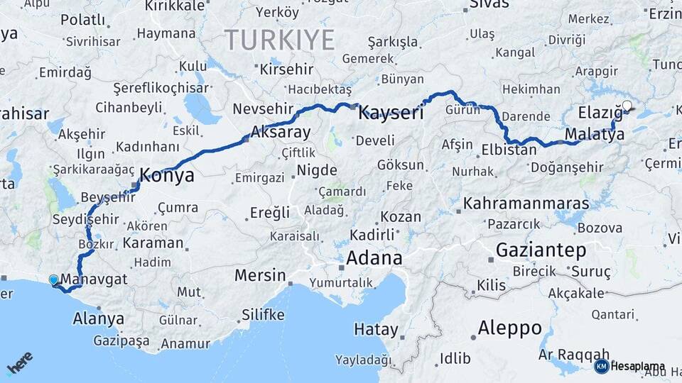 Antalya Manavgat Side Elazığ Arası Kaç Km - Yol Haritası