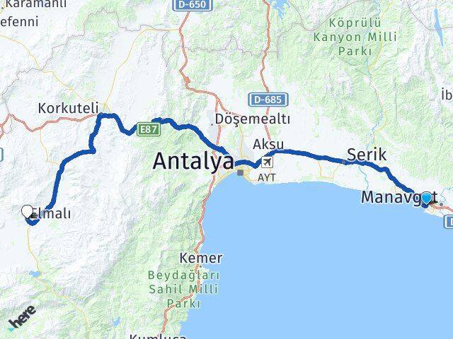 Antalya Manavgat Side Elmalı Arası Kaç Km - Yol Haritası