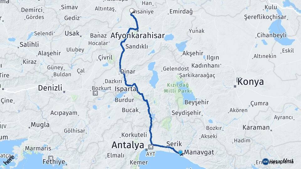 Antalya Manavgat Side İhsaniye Afyonkarahisar Arası Kaç Km - Yol Haritası