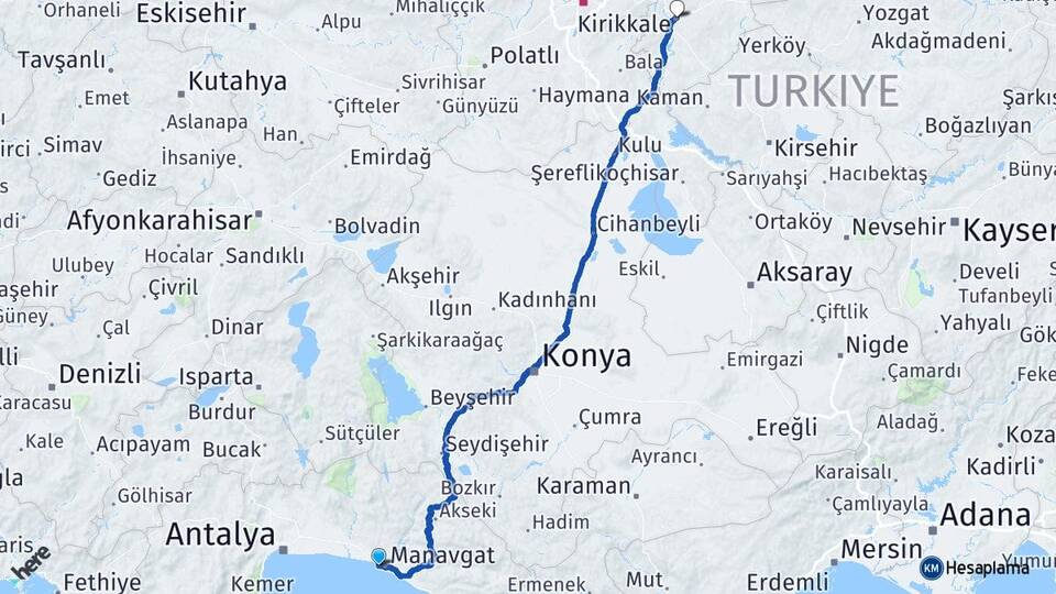 Antalya Manavgat Side Kırıkkale Arası Kaç Km - Yol Haritası