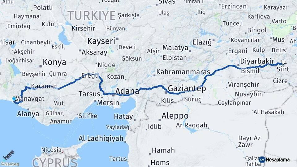 Antalya Manavgat Siirt Arası Kaç Km - Yol Haritası
