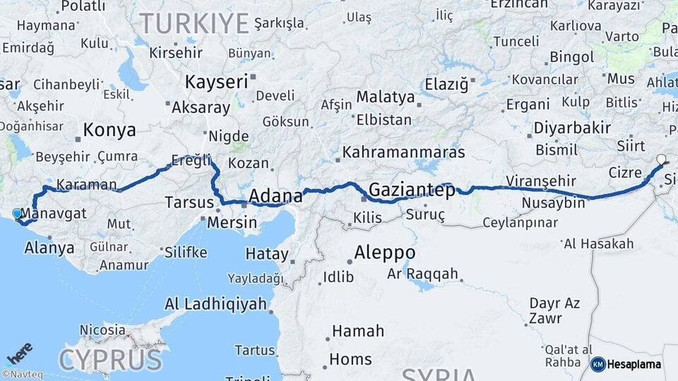 Antalya Manavgat Şırnak Arası Kaç Km - Yol Haritası