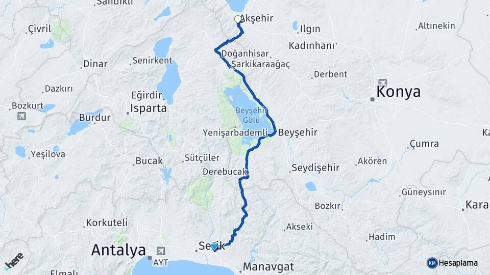 Antalya Manavgat Taşağıl Akşehir Konya Arası Kaç Km - Yol Haritası