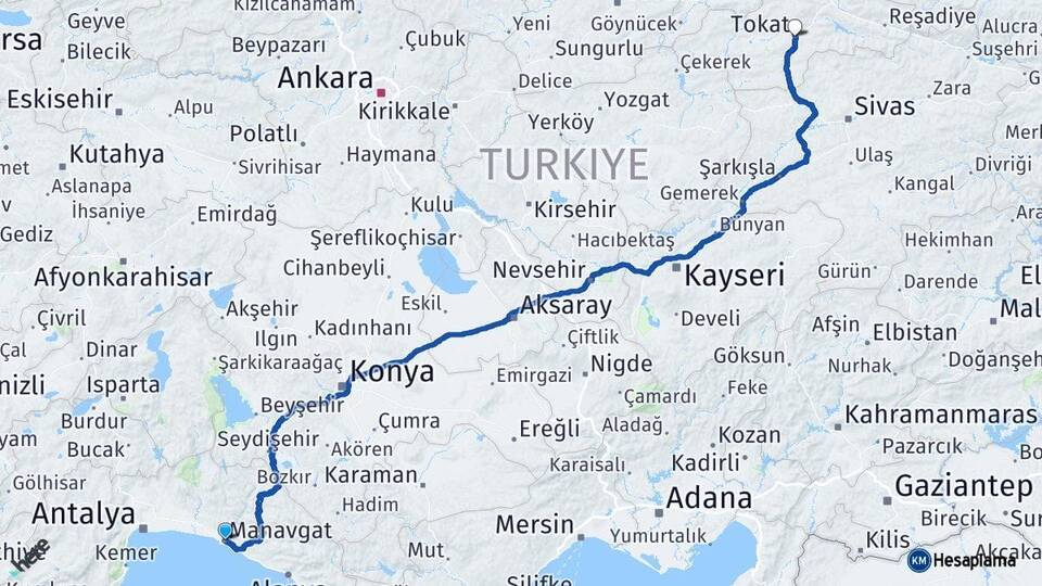 Antalya Manavgat Tokat Arası Kaç Km - Yol Haritası