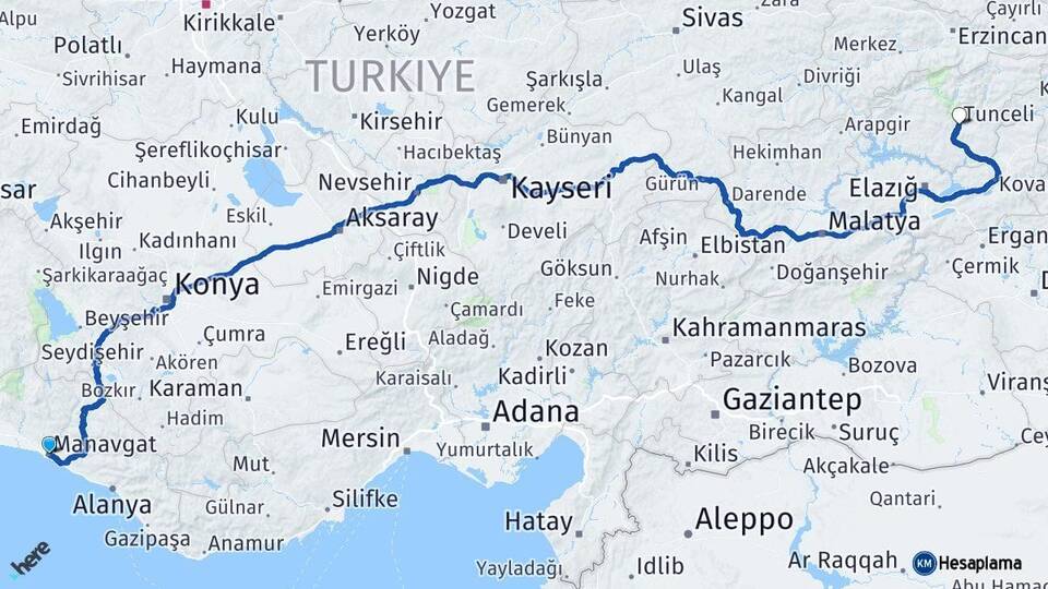 Antalya Manavgat Tunceli Arası Kaç Km - Yol Haritası
