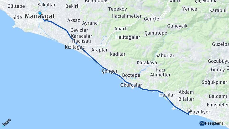 Antalya Manavgat Türkler Alanya Arası Kaç Km - Yol Haritası