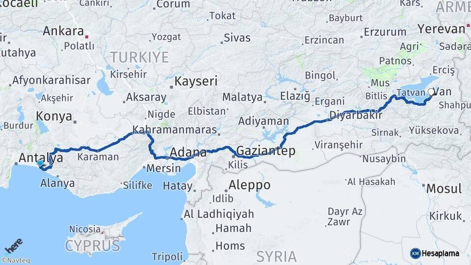 Antalya Manavgat Van Arası Kaç Km - Yol Haritası