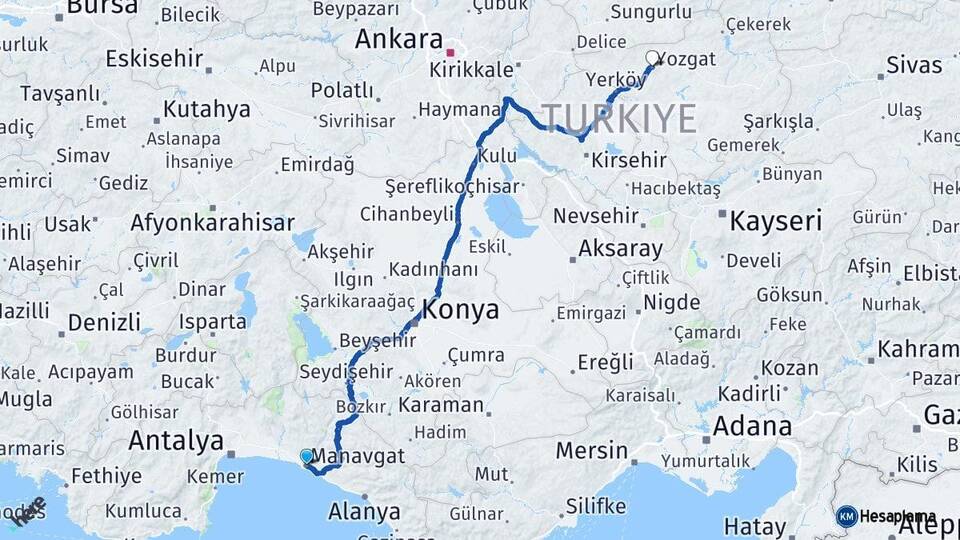 Antalya Manavgat Yozgat Arası Kaç Km - Yol Haritası