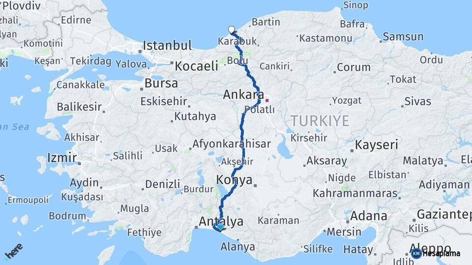 Antalya Manavgat Zonguldak Arası Kaç Km - Yol Haritası