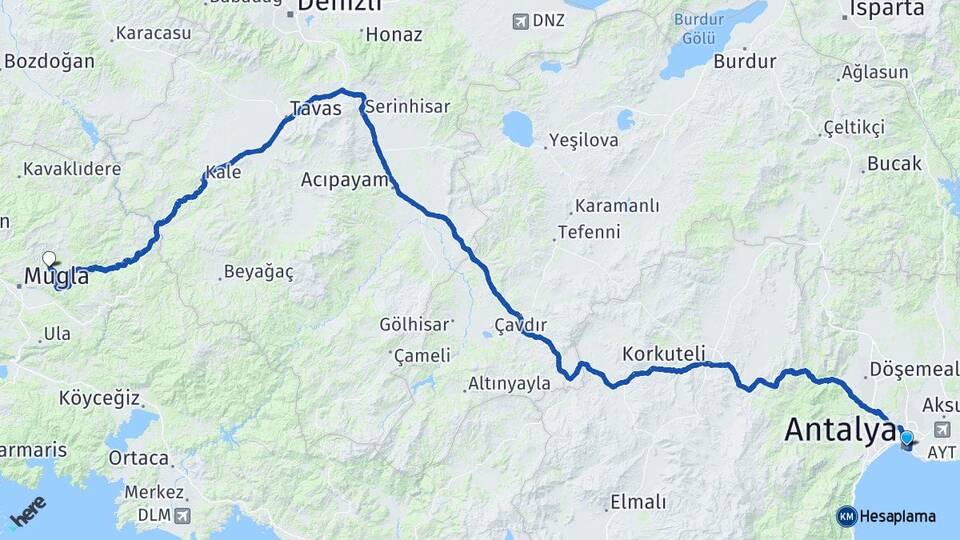 Antalya Menteşe Muğla Arası Kaç Km - Yol Haritası