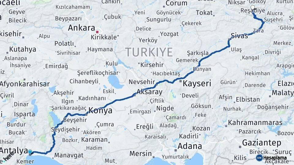 Antalya Mesudiye Ordu Arası Kaç Km - Yol Haritası