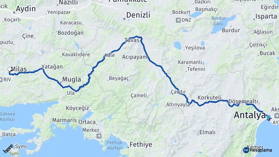 Antalya Milas Muğla Arası Kaç Km - Yol Haritası