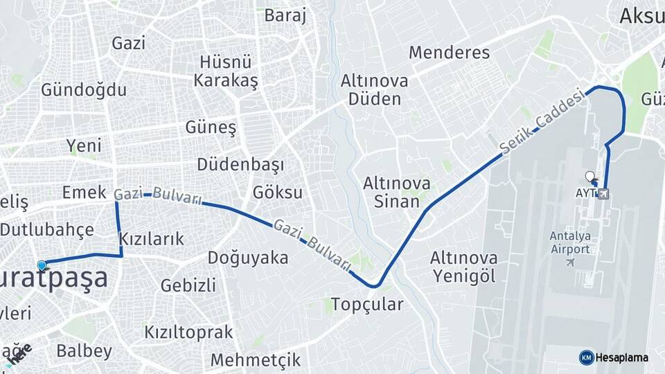 Antalya Muratpaşa Antalya Havalimanı Arası Kaç Km - Yol Haritası