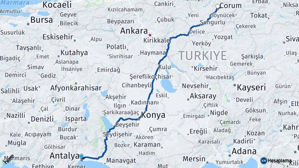 Antalya Muratpaşa Çorum Arası Kaç Km - Yol Haritası