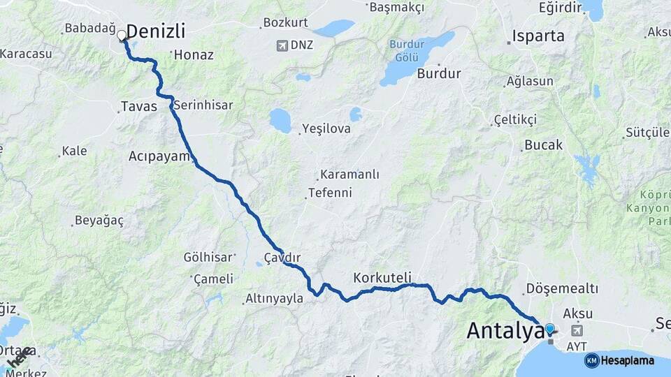Antalya Muratpaşa Denizli Arası Kaç Km - Yol Haritası
