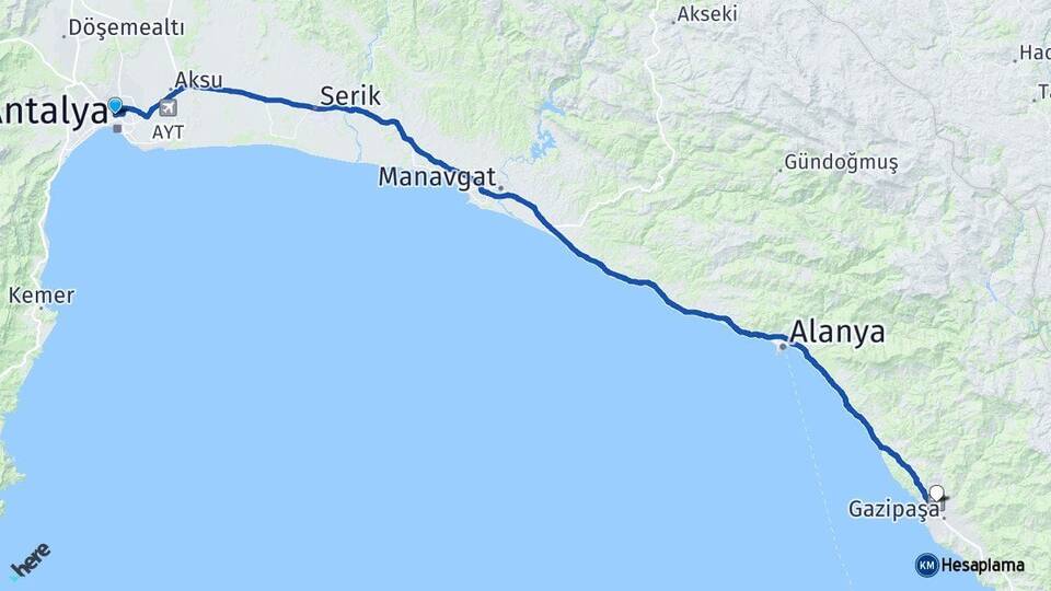 Antalya Muratpaşa Gazipaşa Alanya Havalimanı Arası Kaç Km - Yol Haritası