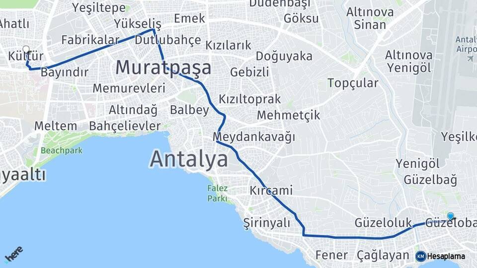 Antalya Muratpaşa Güzeloba Kültür Kepez Arası Kaç Km - Yol Haritası