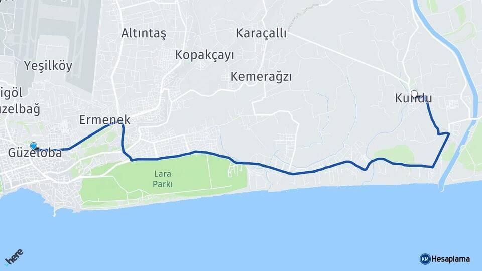 Antalya Muratpaşa Güzeloba Kundu Aksu Arası Kaç Km - Yol Haritası