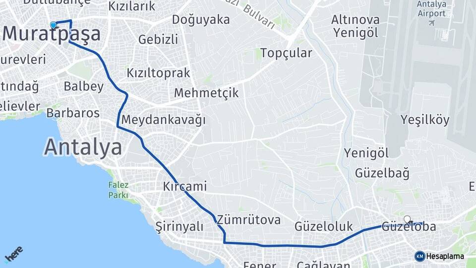 Antalya Muratpaşa Güzeloba Muratpaşa Arası Kaç Km - Yol Haritası