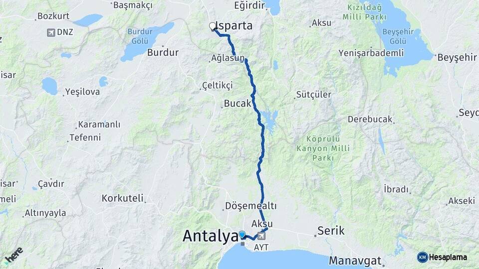 Antalya Muratpaşa Isparta Arası Kaç Km - Yol Haritası