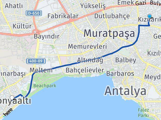 Antalya Muratpaşa Kızılarık Konyaaltı Arası Kaç Km - Yol Haritası