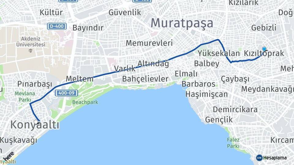 Kızıltoprak Konyaaltı Arası Kaç Km - Yol Tarifi
