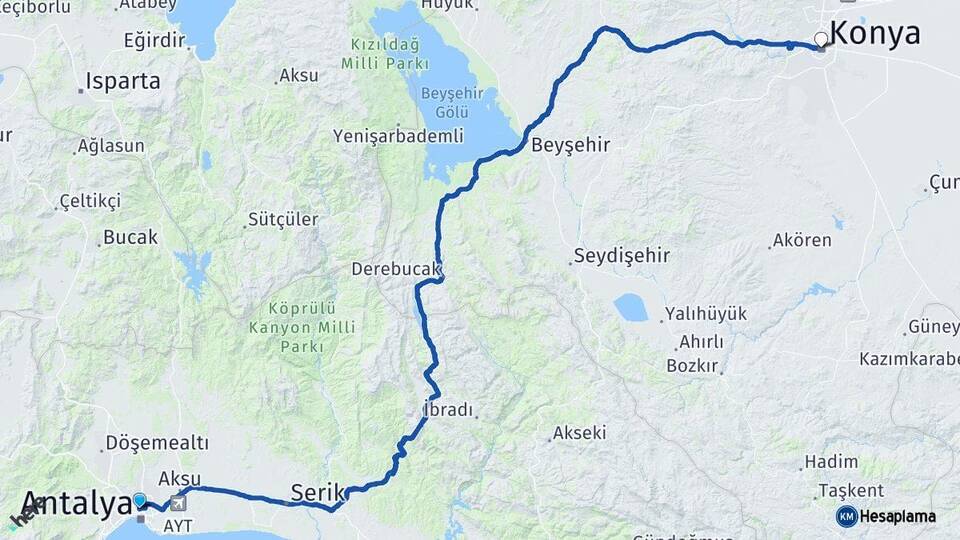 Antalya Muratpaşa Konya Arası Kaç Km - Yol Haritası
