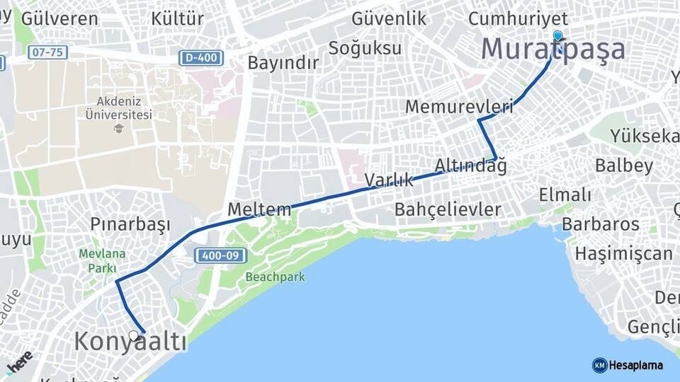 Antalya Muratpaşa Konyaaltı Arası Kaç Km - Yol Haritası