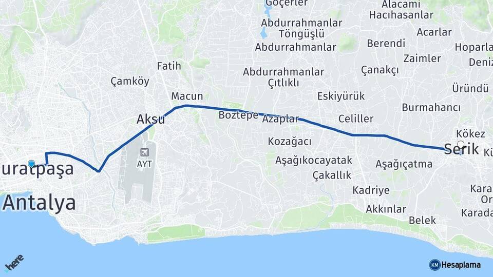 Antalya Muratpaşa Serik Arası Kaç Km - Yol Haritası