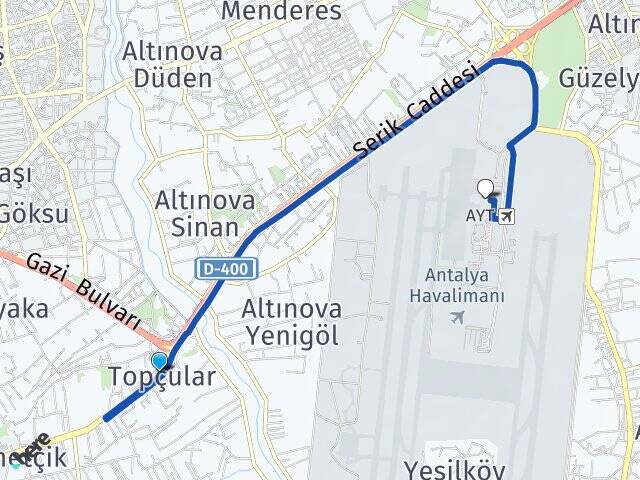 Topçular Antalya Havalimanı Arası Kaç Km - Yol Tarifi