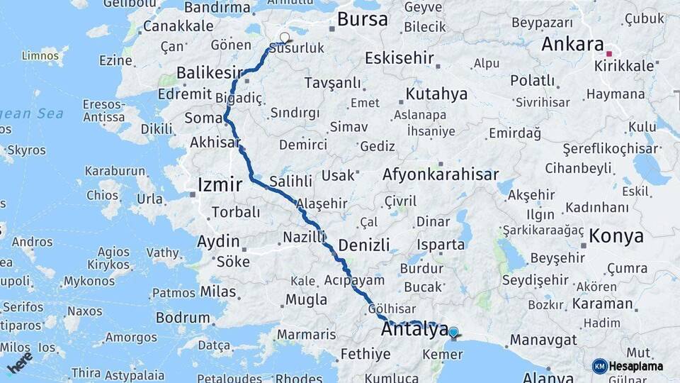 Antalya Mustafakemalpaşa Bursa Arası Kaç Km - Yol Haritası