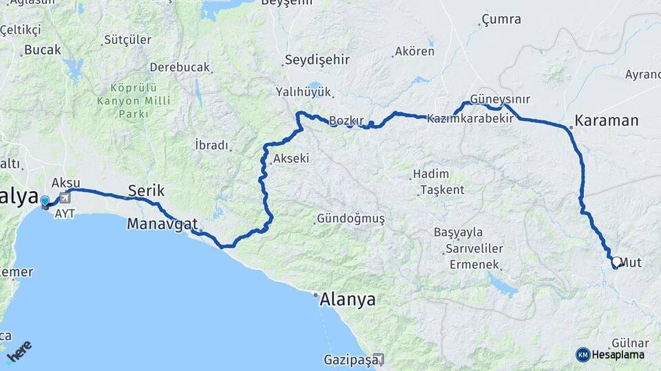 Antalya Mut Mersin Arası Kaç Km - Yol Haritası