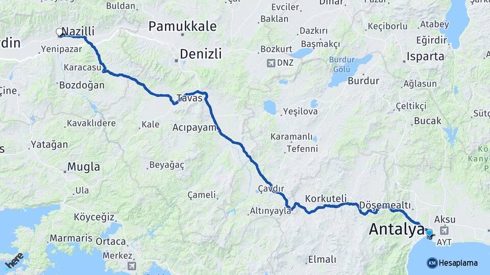 Antalya Nazilli Aydın Arası Kaç Km - Yol Haritası