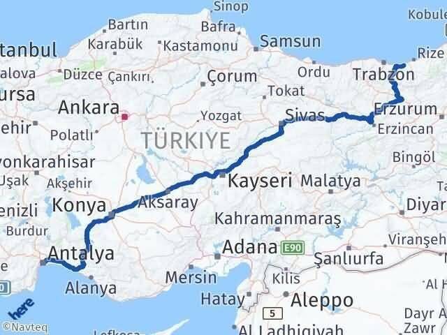 Antalya Of Trabzon Arası Kaç Km - Yol Haritası