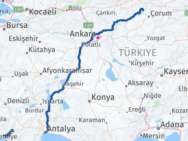 Antalya Oğuzlar Çorum Arası Kaç Km - Yol Haritası