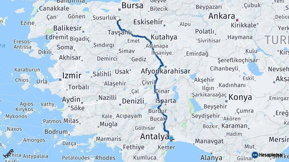 Antalya Orhaneli Bursa Arası Kaç Km - Yol Haritası
