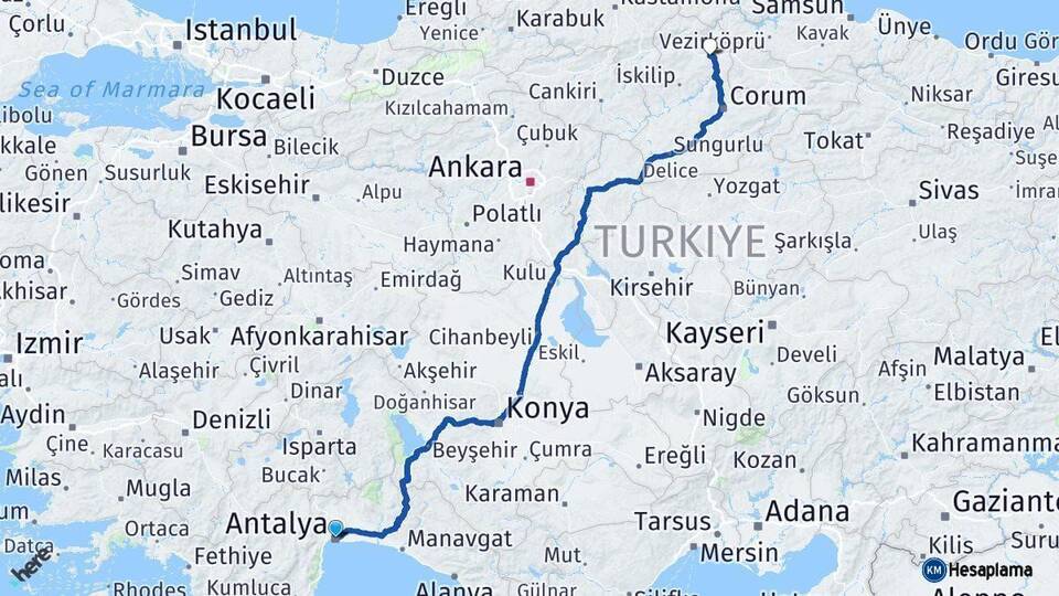 Antalya Osmancık Çorum Arası Kaç Km - Yol Haritası