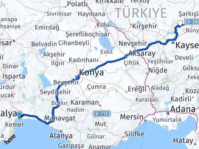 Antalya Özvatan Kayseri Arası Kaç Km - Yol Haritası