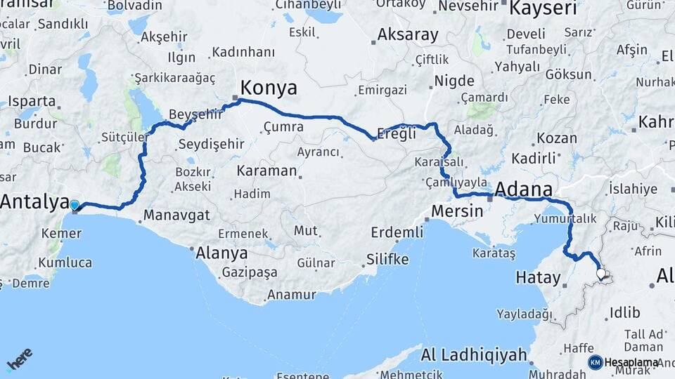Antalya Reyhanlı Hatay Arası Kaç Km - Yol Haritası