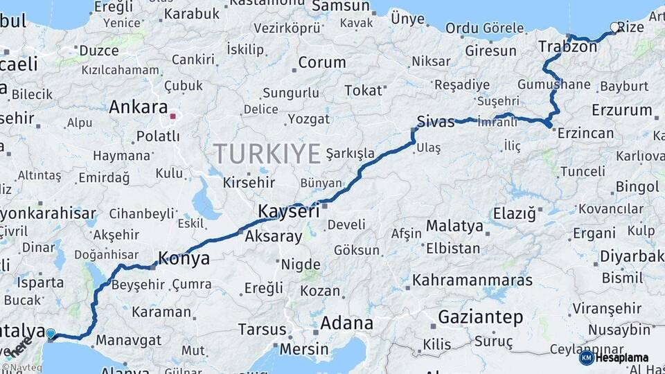 Antalya Rize Arası Kaç Km - Yol Haritası