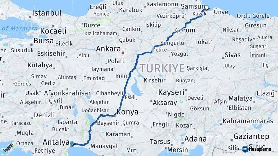 Antalya Samsun Arası Kaç Km - Yol Haritası