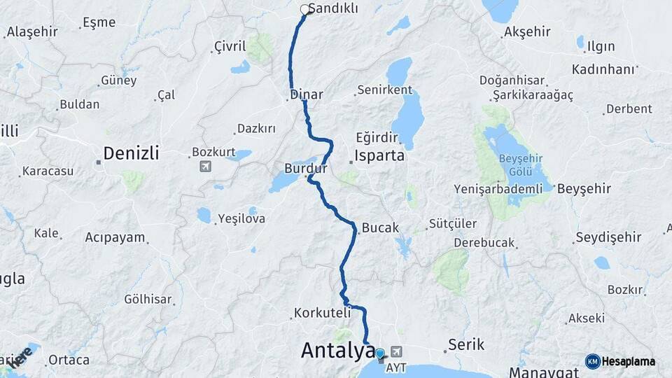 Antalya Sandıklı Afyonkarahisar Arası Kaç Km - Yol Haritası