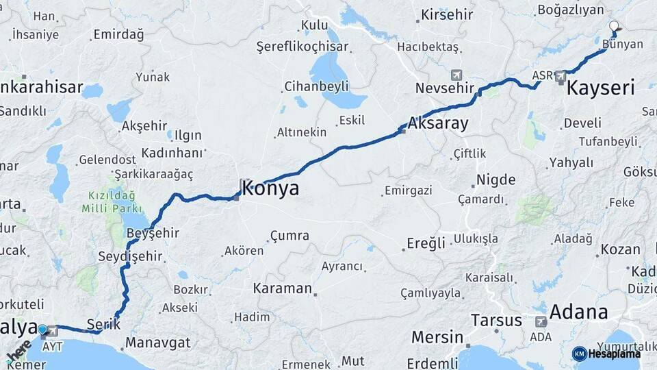 Antalya Sarıoğlan Kayseri Arası Kaç Km - Yol Haritası